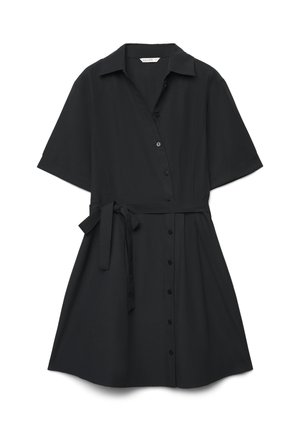 Vestito camicia nero a maniche corte con colletto, bottoni frontali e cintura dello stesso tessuto in vita.