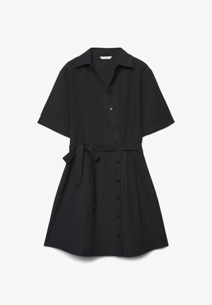 Vestito camicia nero a maniche corte con colletto, bottoni frontali e cintura dello stesso tessuto in vita.