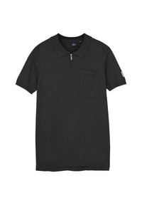 Schwarzes Polohemd mit einem Reißverschluss vorne, kurzen Ärmeln, einer Brusttasche sowie geripptem Kragen und Bündchen. Aus strukturiertem Stoff gefertigt.