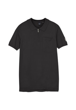 Sort polo shirt med en frontlynlås, korte ærmer, en brystlomme, og ribbet krave og manchetter. Fremstillet af struktureret stof.