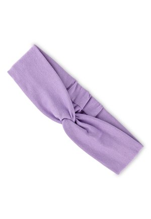 Purple knitted headband featuring a twisted knot at the front and soft texture, measuring approximately 2 inches wide.