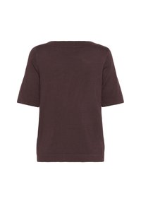 Mørk lilla pullover med kortærmer, runde halsudskæring, blød tekstur, enkelt design, ingen synlige udsmykninger eller mønstre.