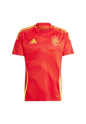 Punainen urheilupaita lyhyillä hihoilla, jossa on tekstuuri, keltaisia yksityiskohtia ja Espanjan kansallisen jalkapallojoukkueen logo.