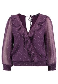 Lila Bluse mit V-Ausschnitt, Rüschenelementen an der Vorderseite, gepunktetem Muster und durchsichtigen langen Ärmeln mit elastischen Manschetten sowie einem gerafften Taillenbund.