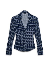 Long-sleeve blouse with a navy blue base, featuring a geometric diamond pattern in white and light blue. Notched collar and buttoned front.