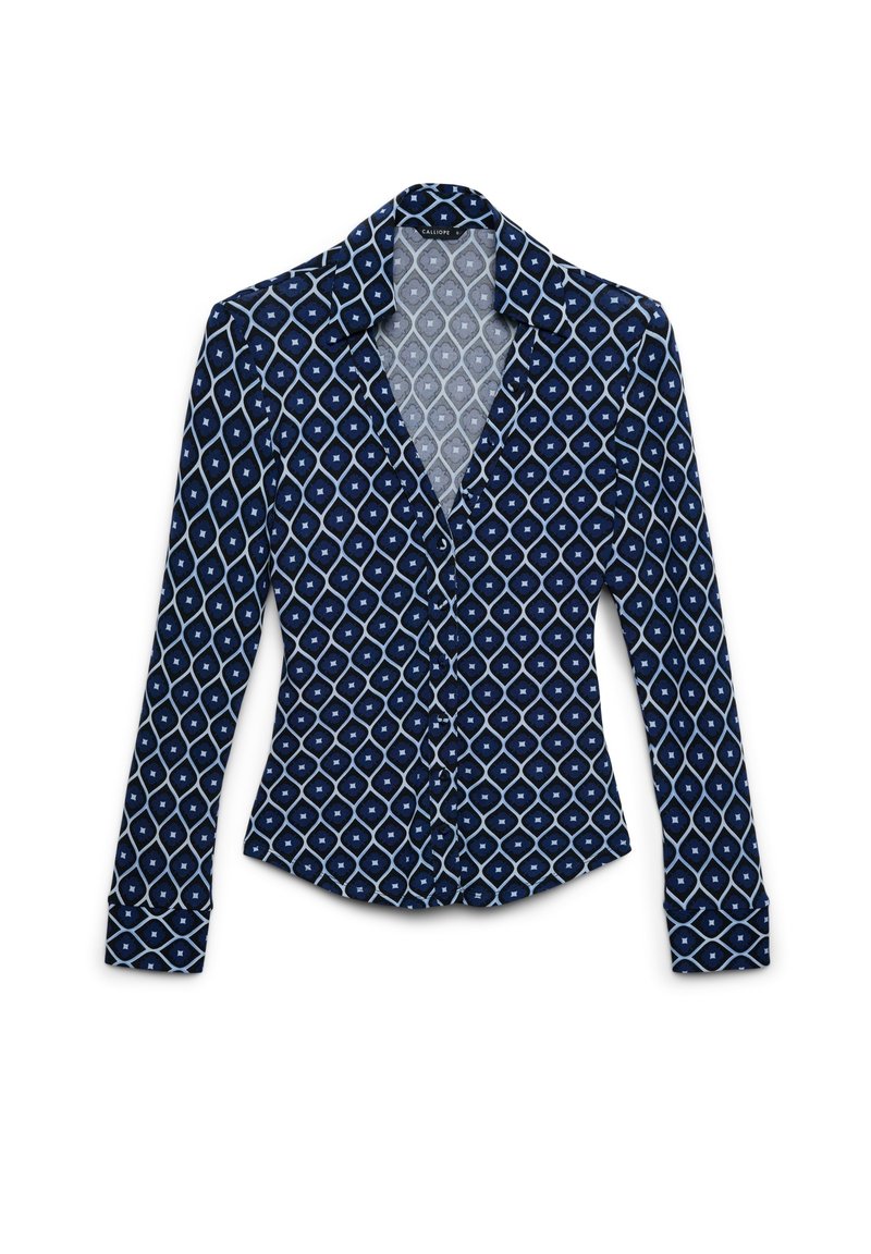 Long-sleeve blouse with a navy blue base, featuring a geometric diamond pattern in white and light blue. Notched collar and buttoned front.