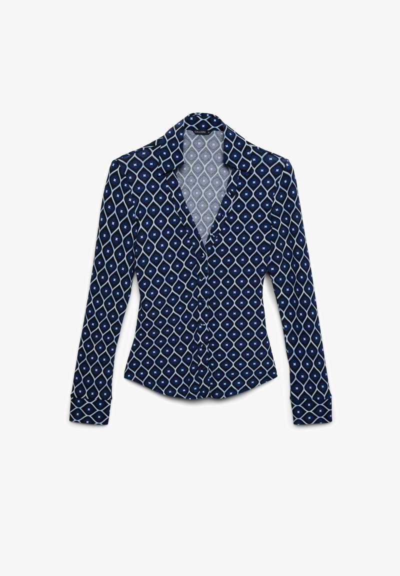 Long-sleeve blouse with a navy blue base, featuring a geometric diamond pattern in white and light blue. Notched collar and buttoned front.