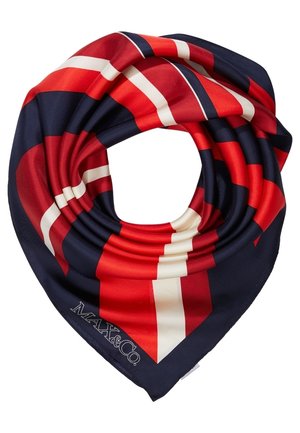 Silkeskærf med røde, marineblå og hvide geometriske striber, foldet i en cirkulær form med "MAX&Co." logo i det ene hjørne.