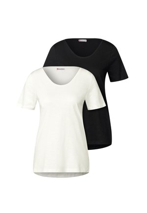 Zwei T-Shirts, eines weiß und eines schwarz, mit kurzen Ärmeln und einem weiten Rundhalsausschnitt, aus leichtem Material hergestellt.