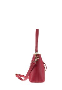 Red leather handbag with textured finish, curved silhouette, and detachable strap. Features silver hardware and a top handle for carrying.