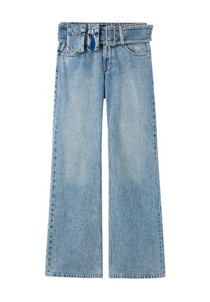 Jeans ampi di colore blu chiaro con vita cintata. Presentano un materiale in denim resistente, due tasche frontali e un taglio dritto classico.