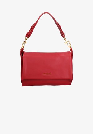 Borsa a tracolla in pelle rossa con un design strutturato, dotata di una patta pieghevole, accessori in metallo dorato e tracolla rimovibile. Logo presente sul davanti.