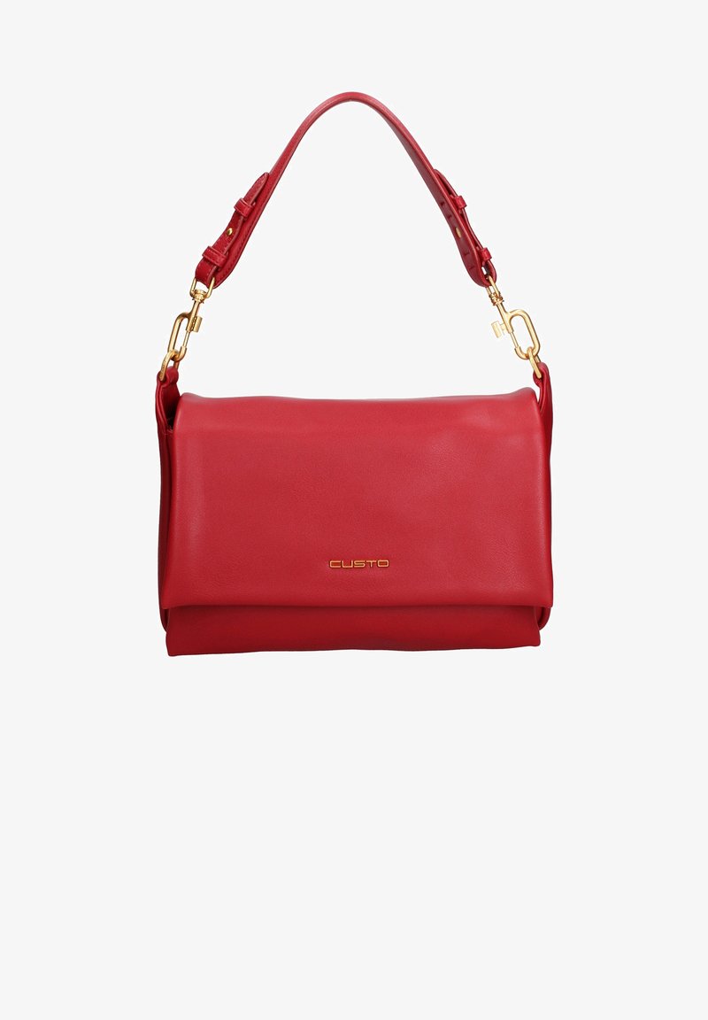 Rode leren handtas met een gestructureerd ontwerp, een flap met vouw, gouden hardware en een afneembare schouderband. Logo aan de voorkant weergegeven.