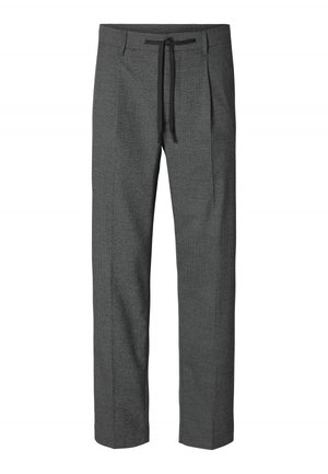 Pantalons gris ajustés à motif texturé, avec une taille élastique et deux poches latérales. Conception à jambes droites, sans ourlets.