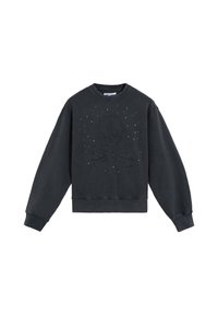Sudadera negra de manga larga con cuello redondo, con un bordado de calavera y huesos cruzados y pequeños puntos blancos dispersos en la parte frontal.