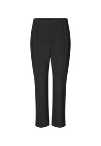 Zwarte taps toelopende broek van een gladde stof, met een slanke, brede elastische tailleband en twee voorste plooien voor extra detail.