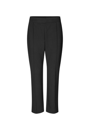 Pantaloni neri a sigaretta in tessuto liscio, con una comoda fascia elastica larga in vita e due pieghe frontali per un tocco di dettaglio in più.