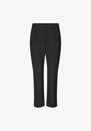 Czarne tapered trousers z gładkiego materiału, z elegancką, szeroką elastyczną talią oraz dwoma przeszyciami z przodu dla dodatkowego detalu.