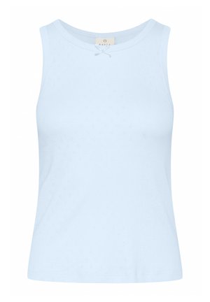 Helles blaues ärmelloses Oberteil aus strukturiertem Stoff mit rundem Halsauschnitt. Besitzt ein kleines Schleifchen-Detail an der Vorderseite.