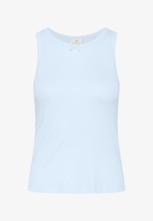 Top fără mâneci, de culoare albastru deschis, realizat dintr-un material texturat, cu un guler rotund. Prezintă un detaliu mic sub formă de fundiță în față.