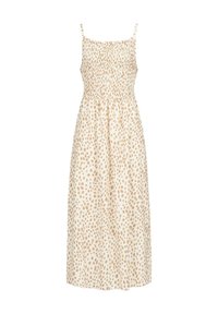 Robe crème avec un corsage froncé, des fines bretelles et une jupe fluide. Présente un motif de petits points bruns dispersés sur tout le tissu.