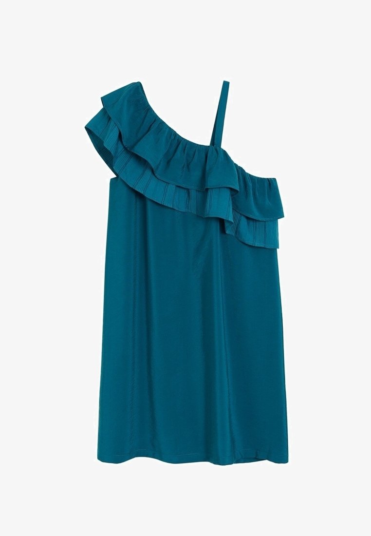 Robe sans manches couleur sarcelle avec une bretelle à volant tombant sur l'épaule et une fine bretelle, coupe ample, longueur au-dessus du genou.