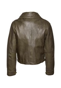 Bruine leren jas met een cropped ontwerp, brede kraag en knoopdetails op de mouwen. Smooth texture met zichtbare stikselaccenten.