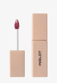 Flüssiger Lippenstift in quadratischem Nude-Behälter mit weißem Applikator. Die Farbe ist sanftes Mauve mit einer strukturierten Applikatorspitze. Markenname sichtbar.