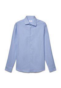 Hellblaues Langarmhemd mit feinen weißen Streifen, Knopfverschluss vorne, klassischer Kragen und Ein-Knopf-Manschetten. Aus leichtem Stoff gefertigt.