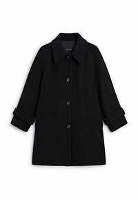 Sort uldfrakke med krave, knaplukning foran og manchetter. Inkluderer sidelommer og lige silhuet.