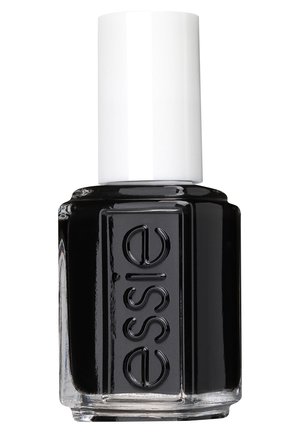 Zwarte nagellak in een glazen fles met een witte dop. Kenmerkt zich door het reliëf "essie" logo aan de voorkant. Duidelijke zichtbaarheid van de vloeistof binnenin.