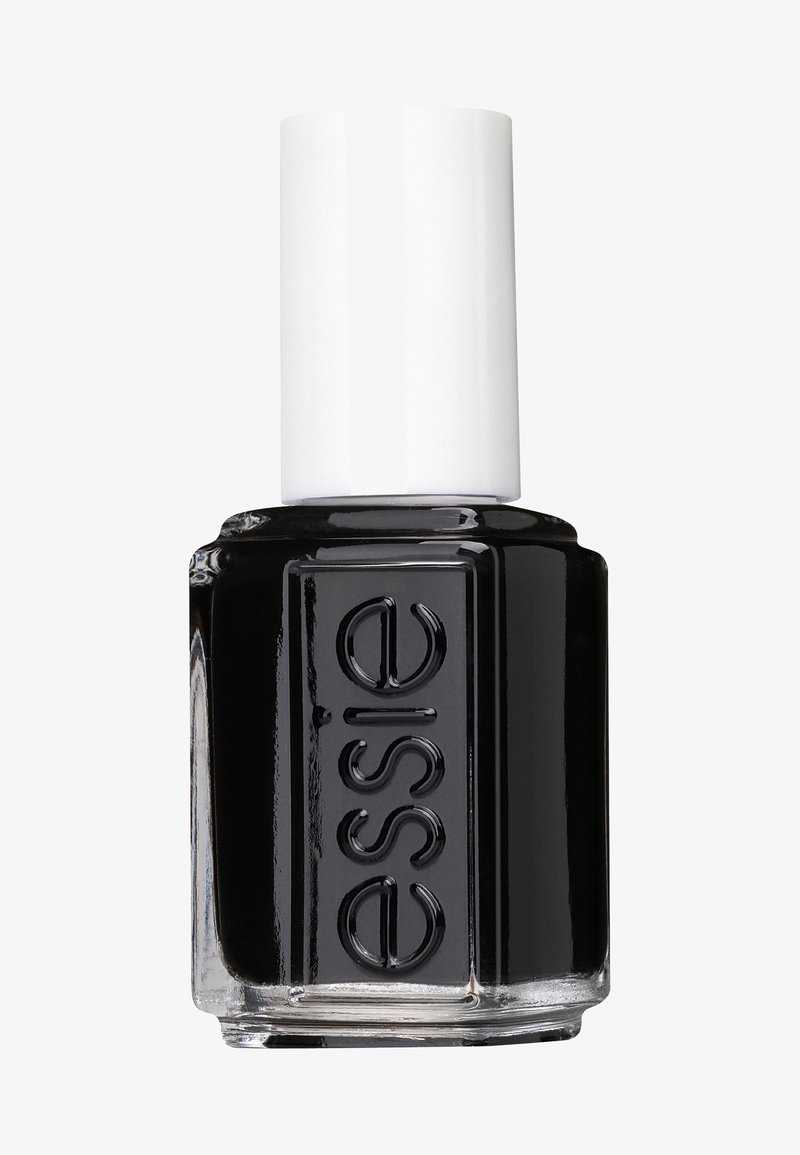 Zwarte nagellak in een glazen fles met een witte dop. Kenmerkt zich door het reliëf "essie" logo aan de voorkant. Duidelijke zichtbaarheid van de vloeistof binnenin.