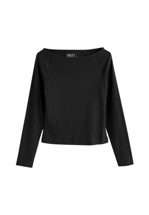 Black, long-sleeve top with ribbed texture and a wide neckline. Straight-cut hem and raglan sleeves. Made from soft, flexible fabric.