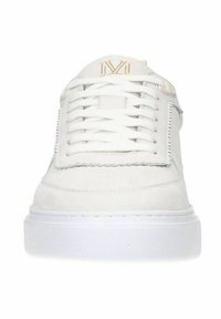 White sneaker with a smooth suede upper, rounded toe, and white rubber sole. Features thin laces and a subtle logo near the tongue.