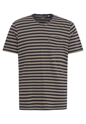 Gestreiftes T-Shirt in Beige und Marineblau, mit horizontalen Streifen, Rundhalsausschnitt und einer linken Brusttasche mit Stichakzenten.