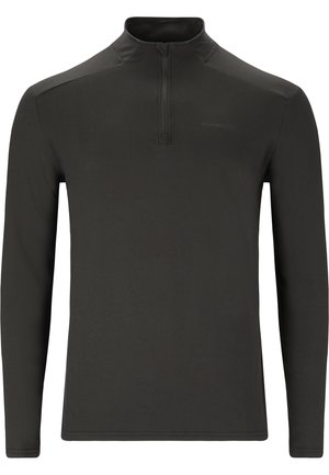 Zwarte langekraag top met een halve ritssluiting, gemaakt van gladde stof. Heeft een minimalistisch ontwerp en subtiele branding op de borst.