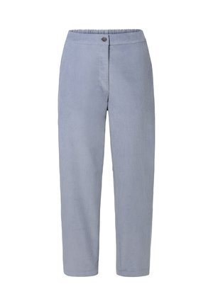 Lichtblauwe corduroy broek met een relaxte pasvorm, featuring een elastische tailleband, een knoopsluiting aan de voorkant, en rechte pijpen.