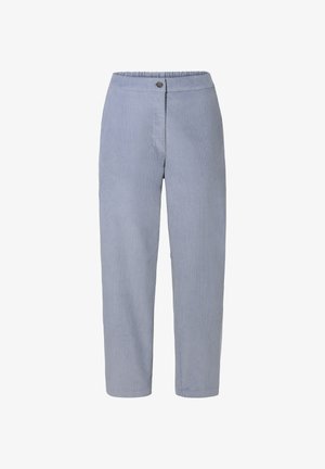 Pantaloni in corduroy azzurro chiaro con un fit morbido, dotati di una vita elastica, chiusura con bottone frontale e gambe dritte.