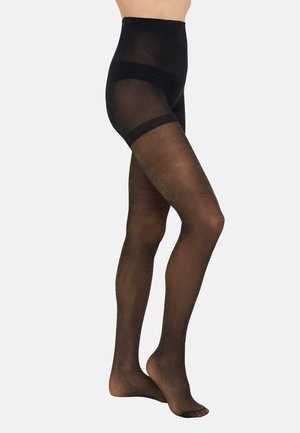 Black tights with a high waist feature sheer material and subtle glitter detailing along the legs. Smooth texture and fitted design.