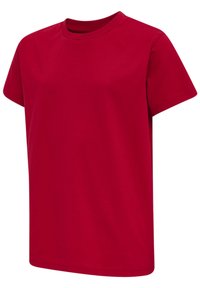 Rød bomulds t-shirt med korte ærmer, rund hals og løs pasform. Glat tekstur og ingen synlige mønstre eller design detaljer.