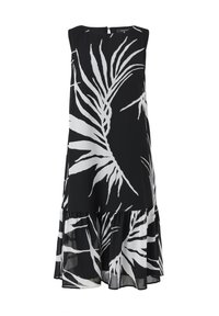 Robe noire sans manches avec imprimé feuilles tropicales blanches et ourlet volanté, longueur midi, coupe ample.