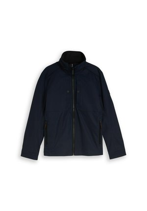 Dunkelmarineblaue Herrenjacke mit Reißverschluss, Stehkragen, zwei seitlichen Reißverschlusstaschen und mit Knöpfen verschließbaren Brusttaschen.