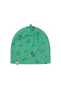 Berretto verde in tessuto testurizzato, caratterizzato da motivi neri di animali e piante, con un nodo sulla cima e un piccolo etichetta colorata alla base.