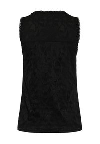 Haut noir sans manches en dentelle avec motif floral, vu de dos, avec un décolleté et des bords d'ourlet légèrement festonnés.