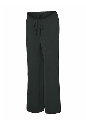 Pantalones de pierna ancha verde, confeccionados en una tela ligera. Cuentan con una cinturilla elástica con cordón y un acabado texturizado.