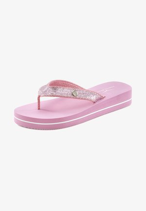 Pink flip-flop featuring a glittery strap and a textured sole, with a white accent line on the base and a metal stud detail.