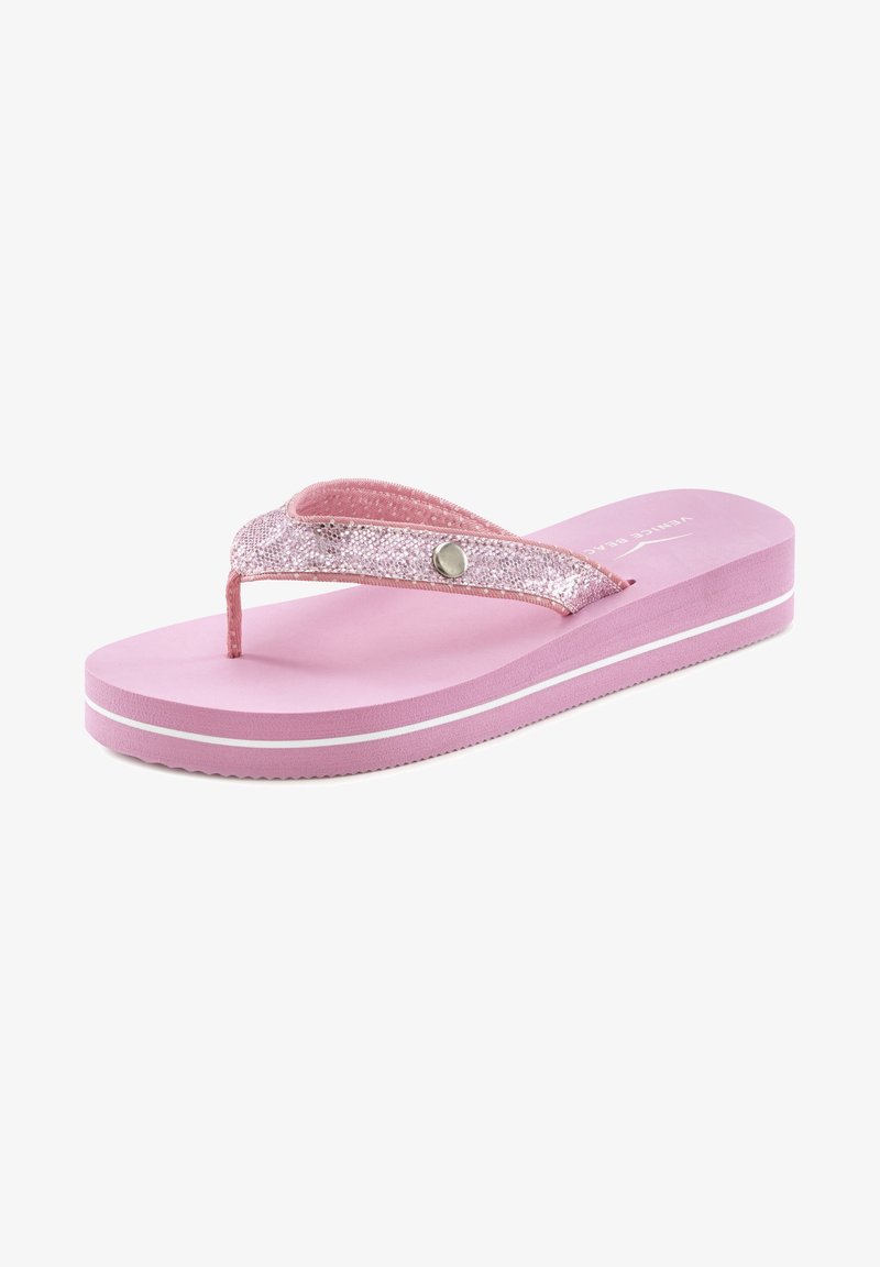 Pink flip-flop featuring a glittery strap and a textured sole, with a white accent line on the base and a metal stud detail.