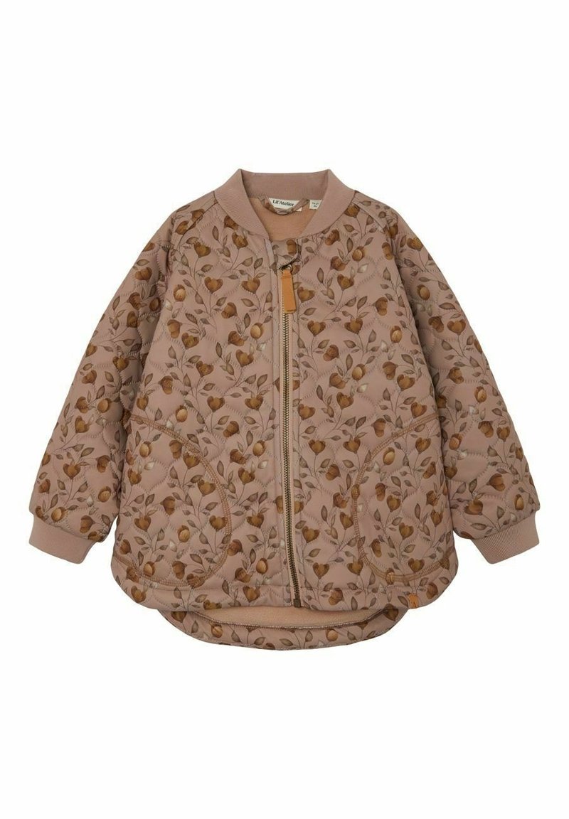 Quilted, light pink bomber jacket with a floral pattern in brown. Features elastic cuffs, a zipper, and rounded hem with side pockets.