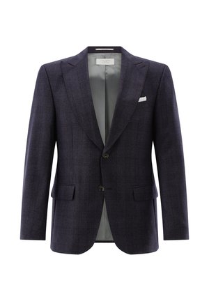 Dunkelblauer Herrenblazer mit Falzkragen, zwei Knöpfen, Klappentaschen und einem weißen Einstecktuch in der linken Brusttasche.