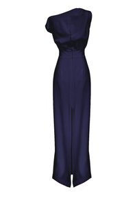 Granatowy jedwabny kombinezon z jednym ramieniem, dopasowanym w pasie, z zamek błyskawicznym z tyłu oraz szerokimi nogawkami. Gładka tekstura i minimalistyczny styl.